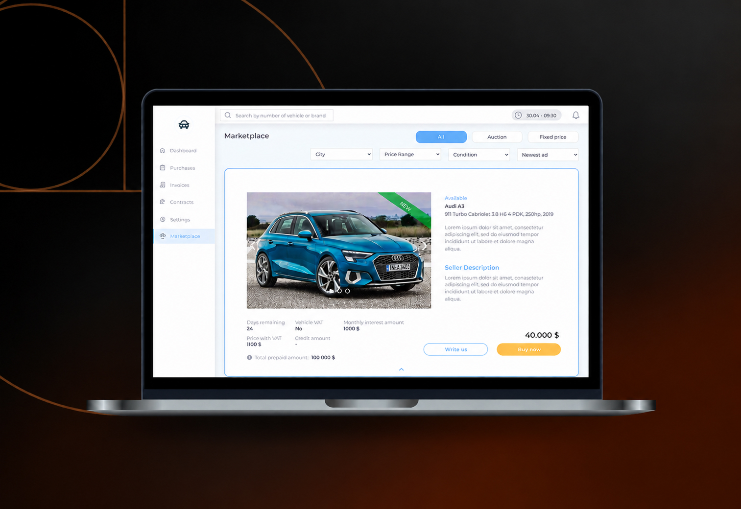 Car dealership marketplace on a laptop