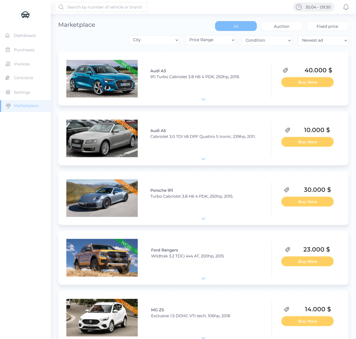 Final marketplace list with filters and five cars, each with price and Buy Now