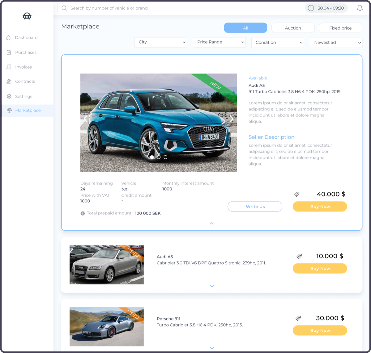 Desktop marketplace with an Audi A3 expanded to show photos, details, price and the Buy Now button