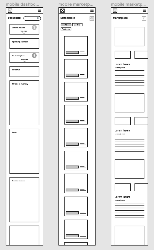 Mobile wireframes of the dashboard and marketplace
