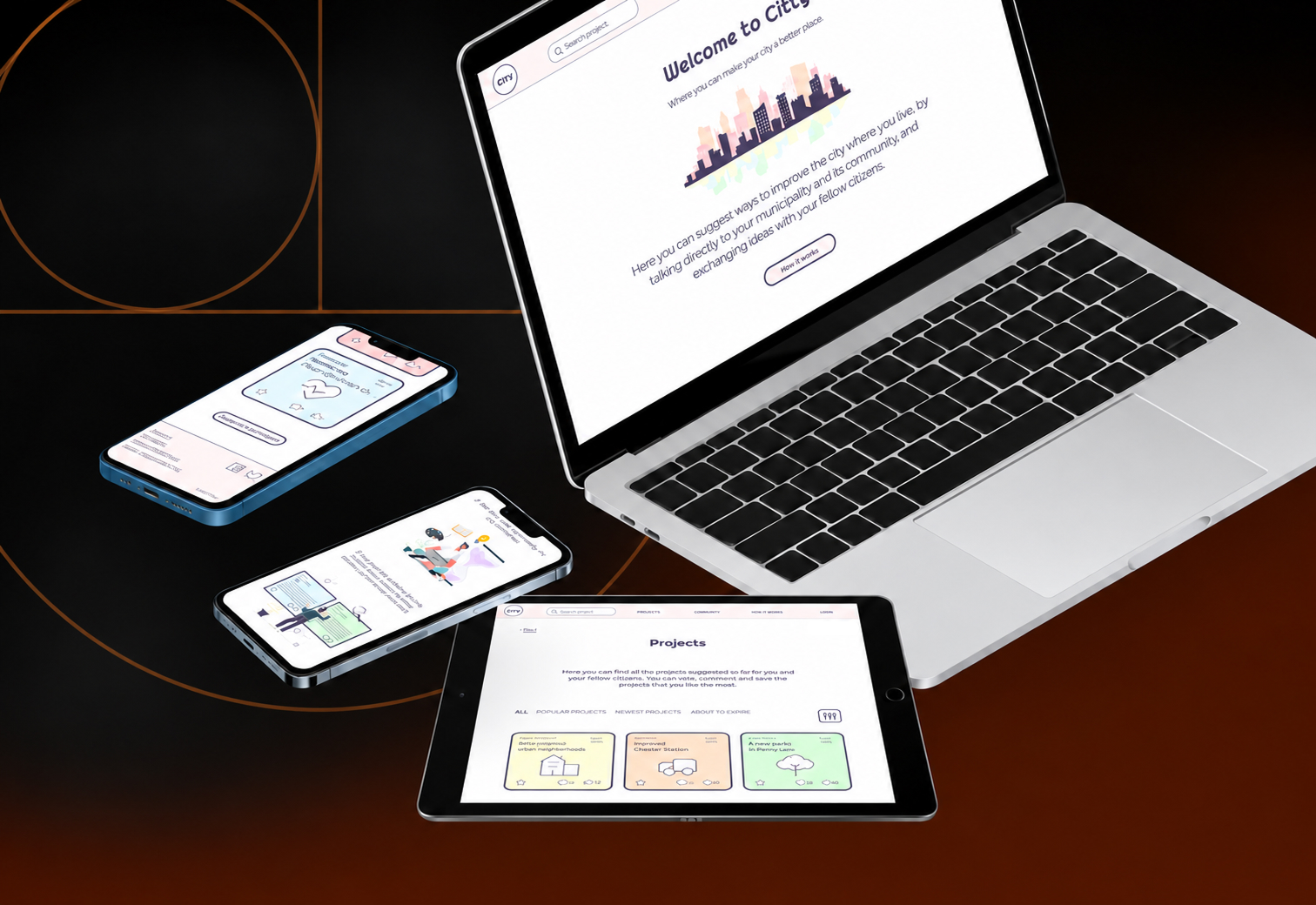 Citty on a laptop and phones, showing the website and the app