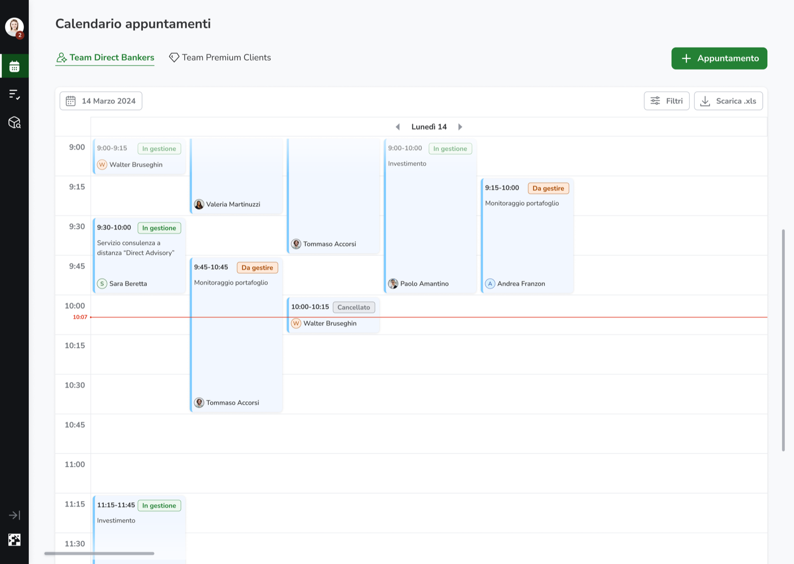 Team appointment calendar for one day, with appointments colour-coded by status