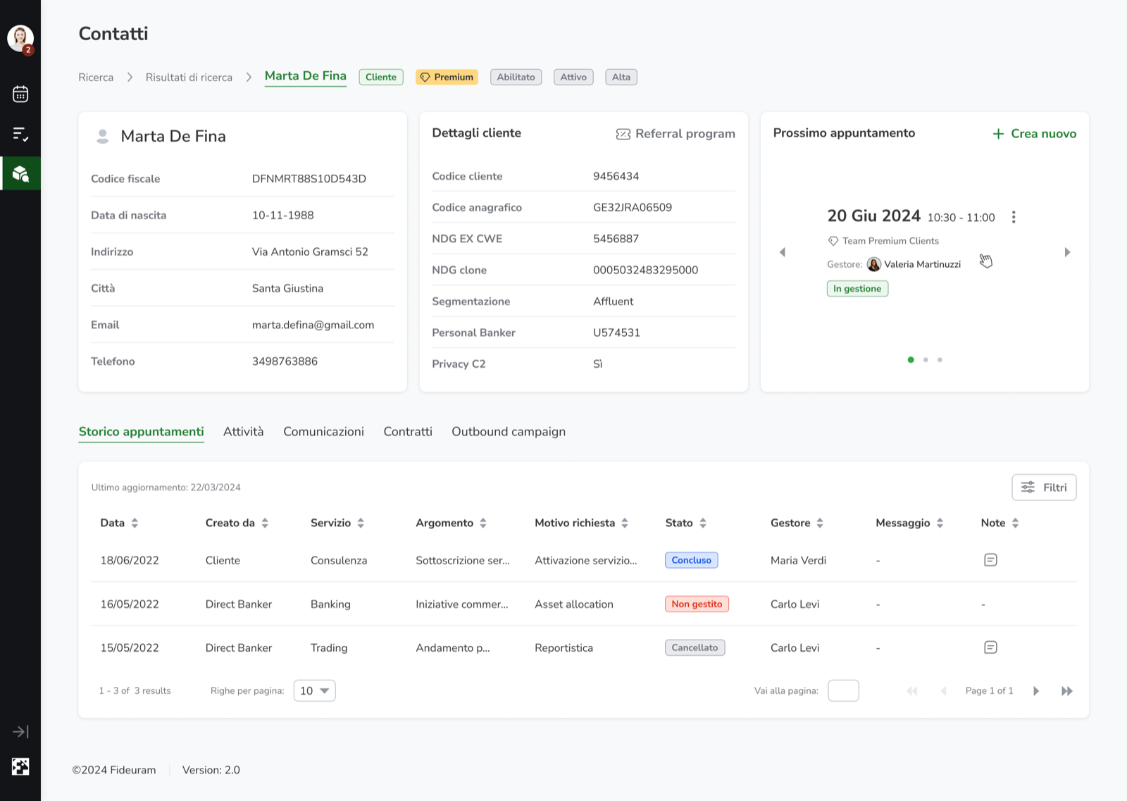 Client profile in Rembrandt: personal data, client details, the next appointment and the appointment history table