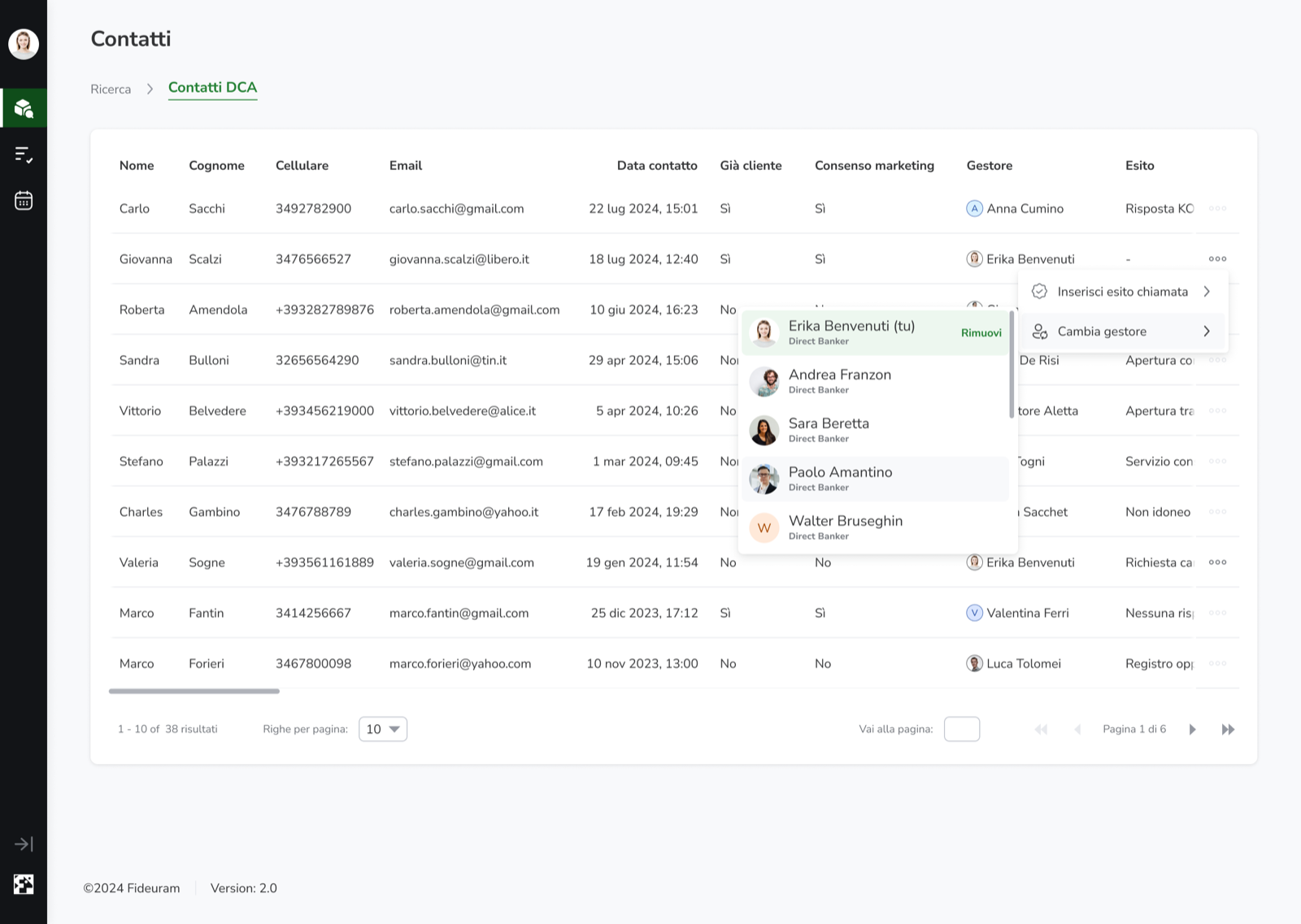 Contacts table with a menu open to reassign the contact to a different direct banker