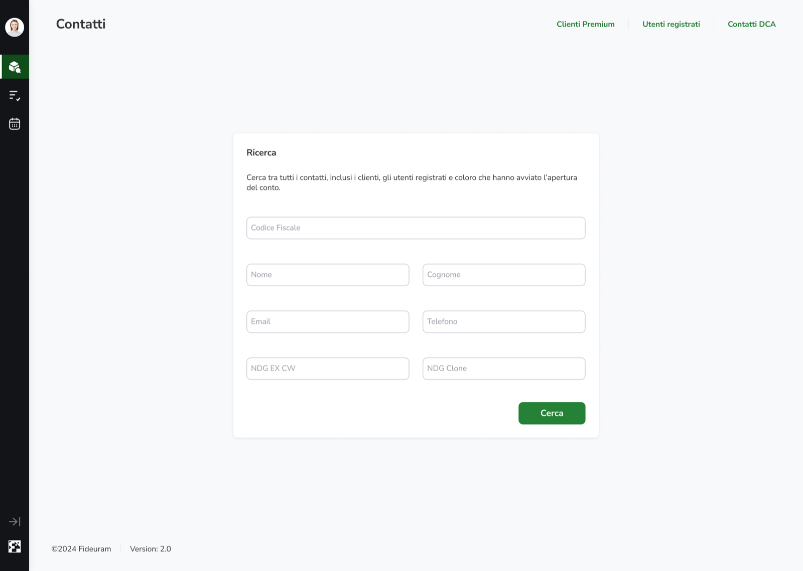 Contact search form with fields for tax code, name, surname, email, phone and bank IDs