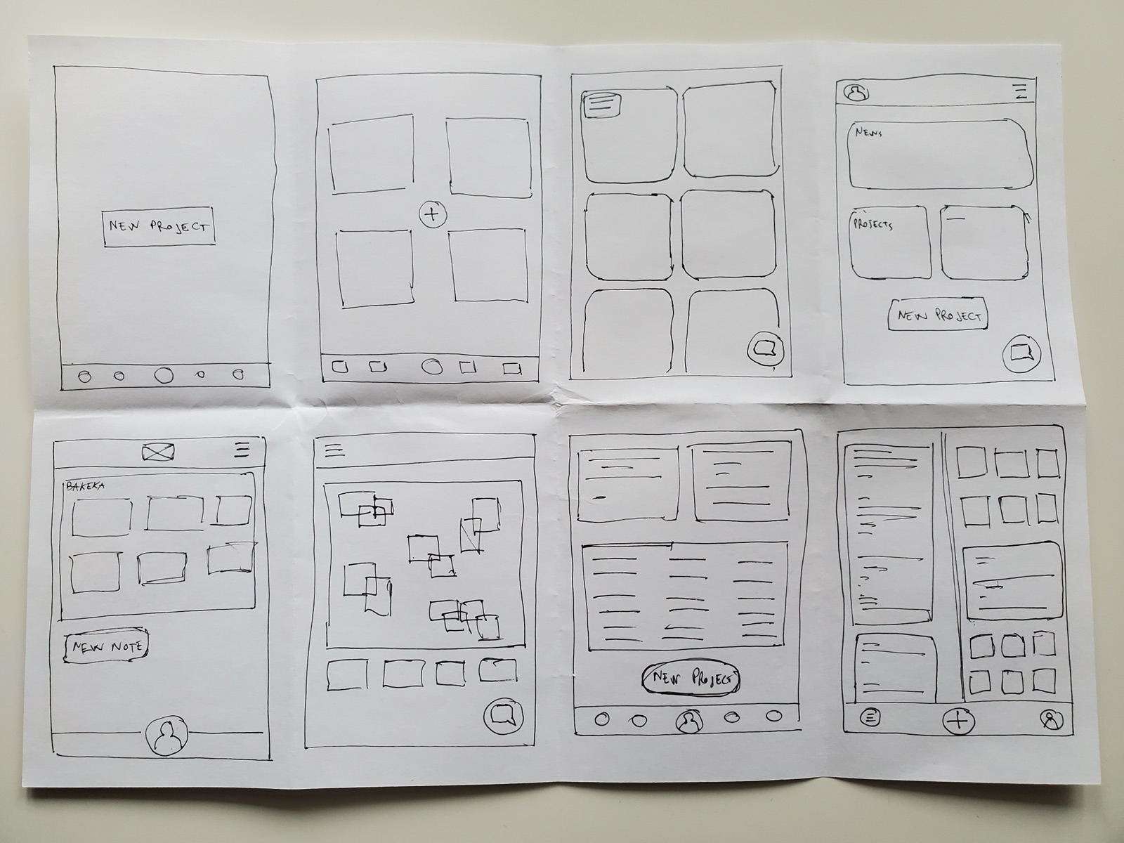 Photo of a Crazy Eights sketch sheet with eight quick screen ideas