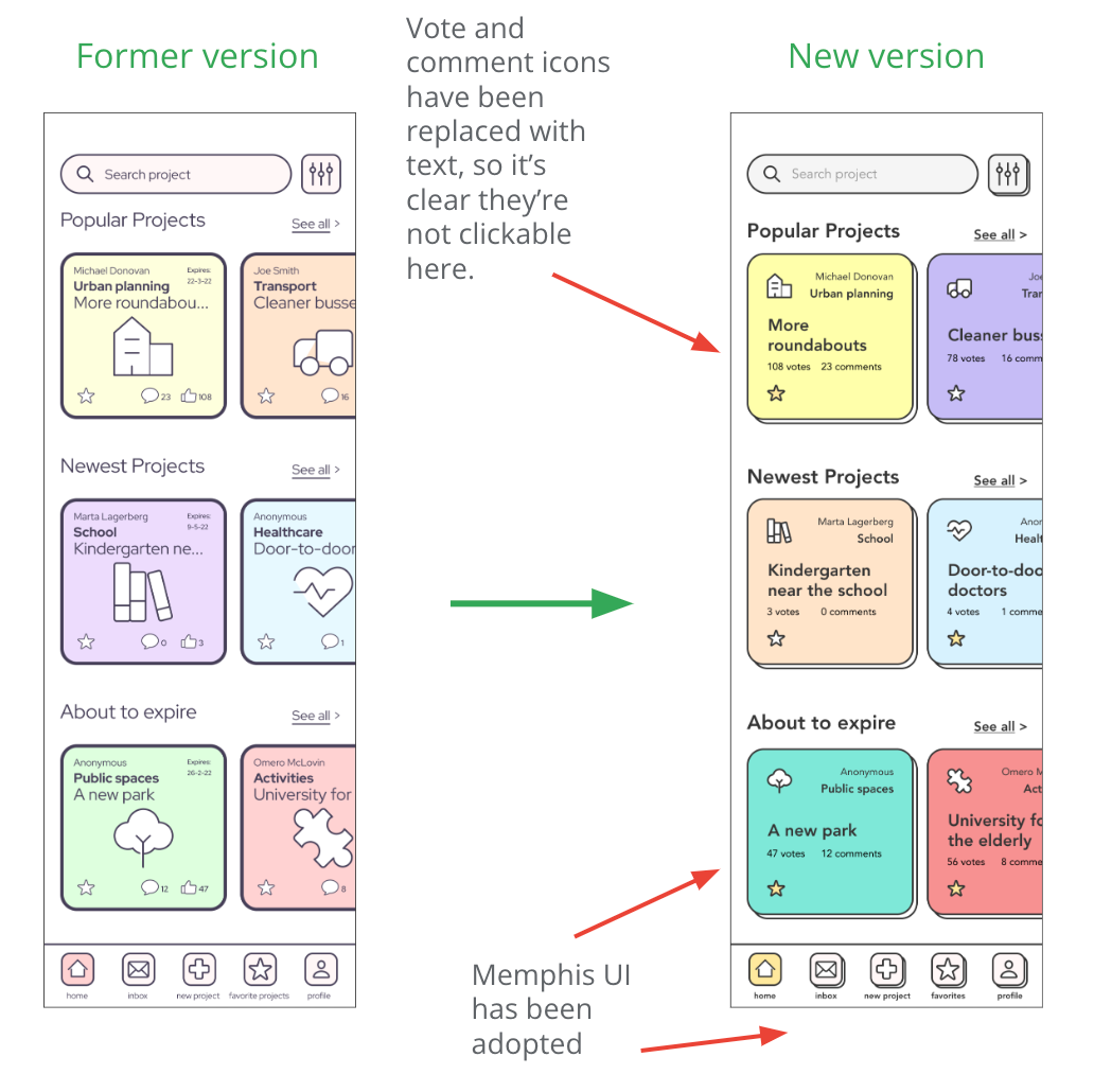 Home screen former and new version, with annotated changes to the project cards