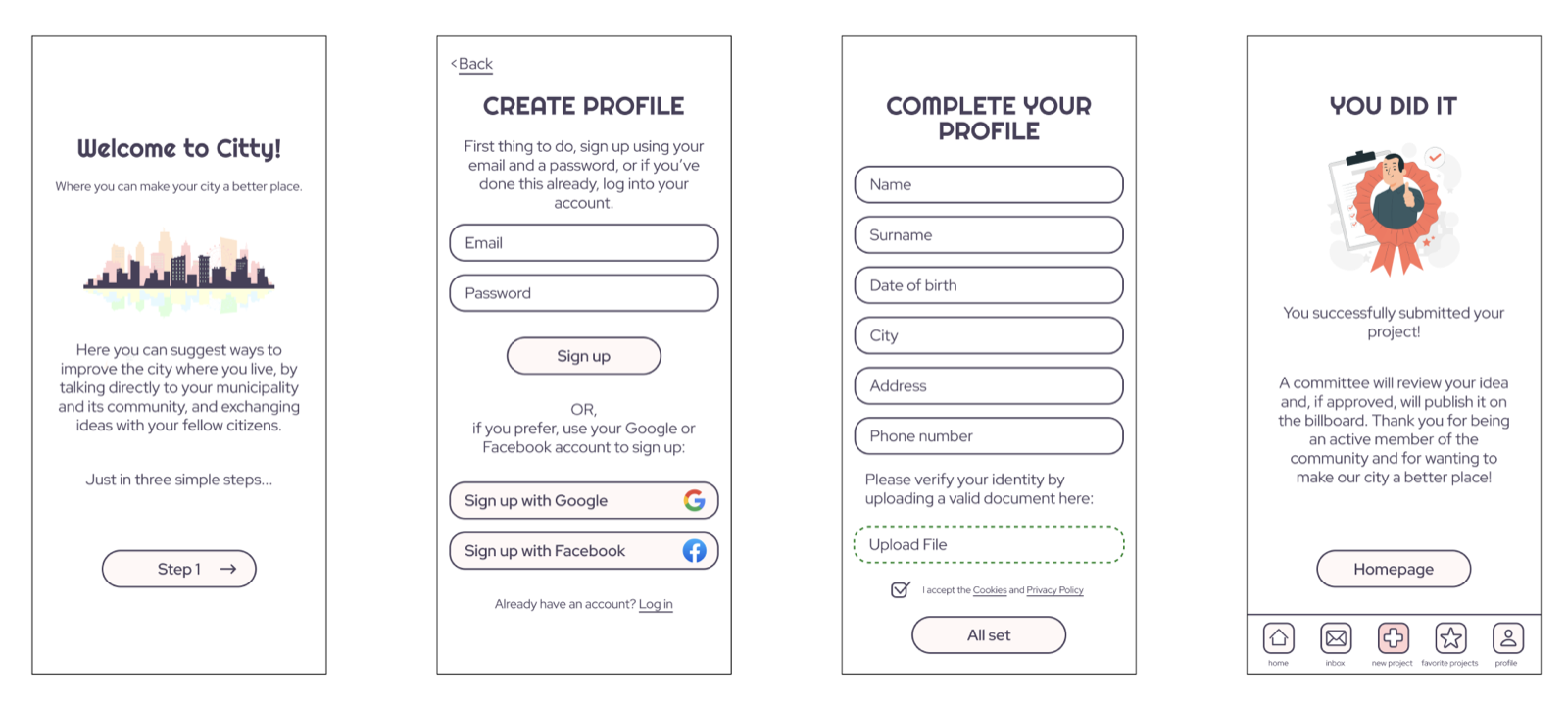 Four refined screens: welcome, create profile, complete your profile and project submitted