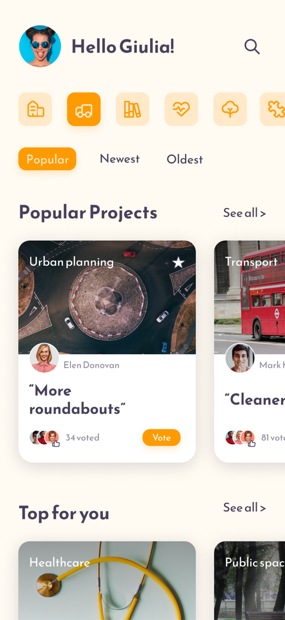 Fun and young homepage with photo cards and bright orange accents