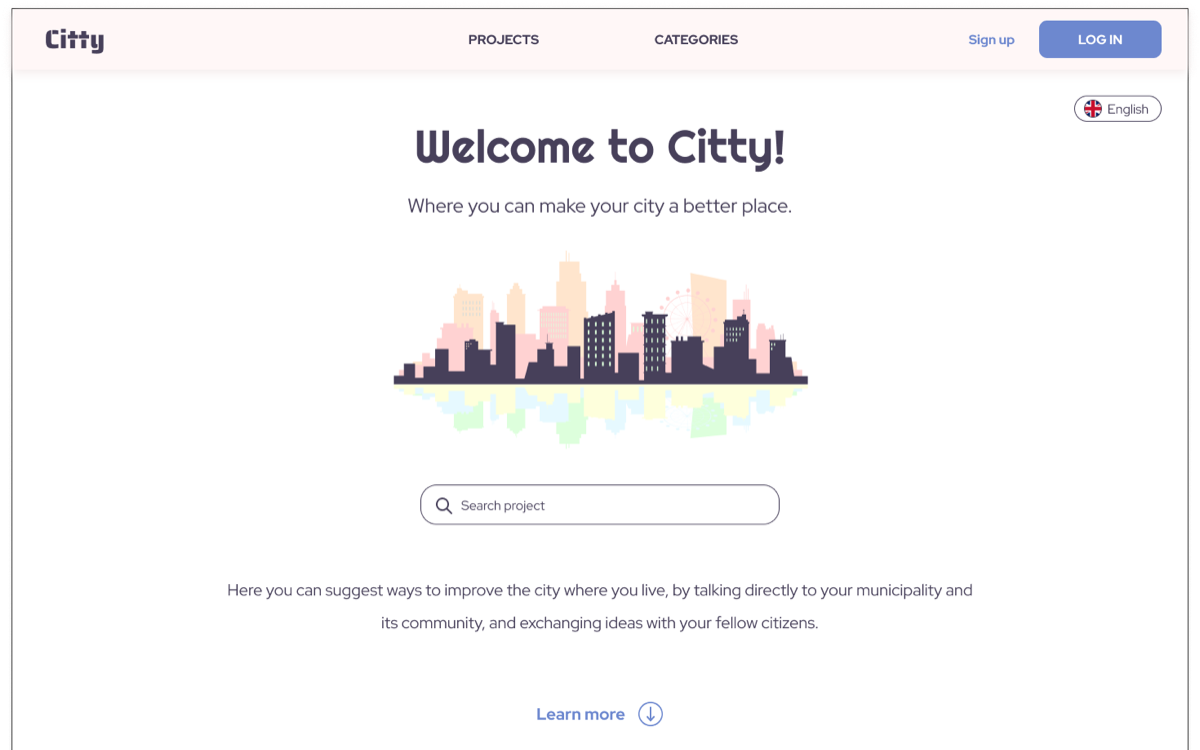 Desktop website homepage with navigation, illustration and search