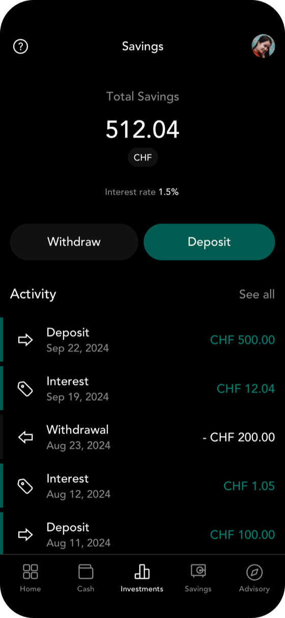 Savings account detail screen