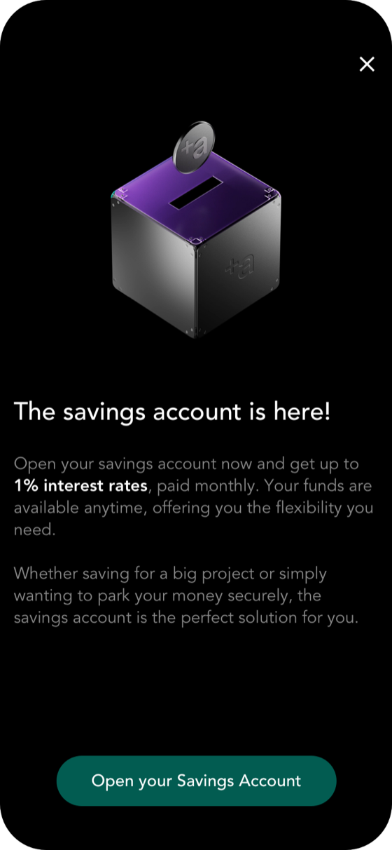 Feature announcement screen introducing Savings Accounts