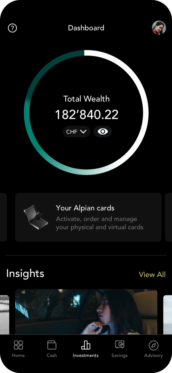 Alpian dashboard showing total wealth of 182,840.22 CHF, a cards banner and insights