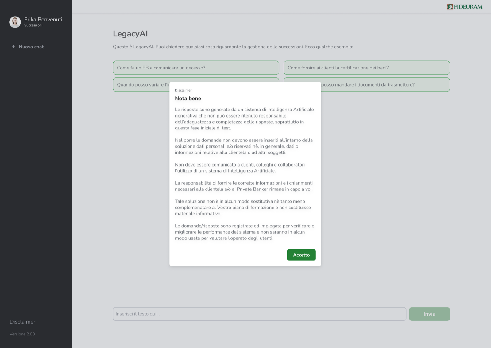 Disclaimer dialog over the chat, explaining the limits of AI-generated answers, with an Accept button