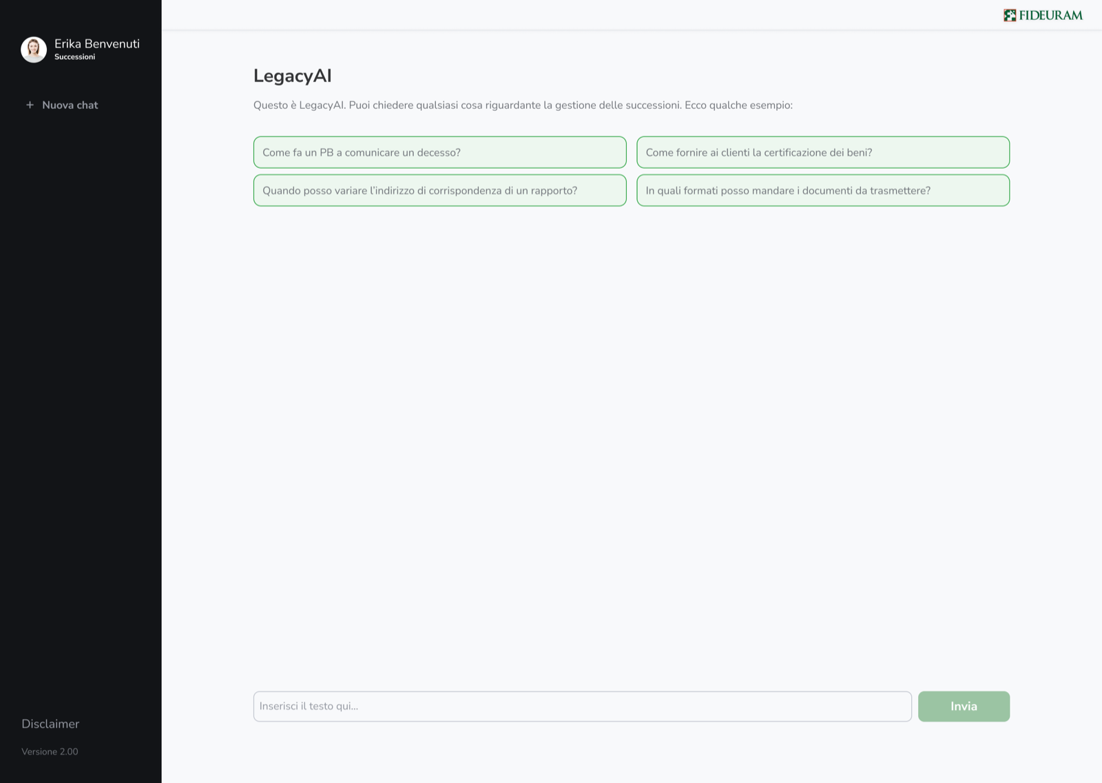 New LegacyAI chat with four suggested inheritance questions and a message field