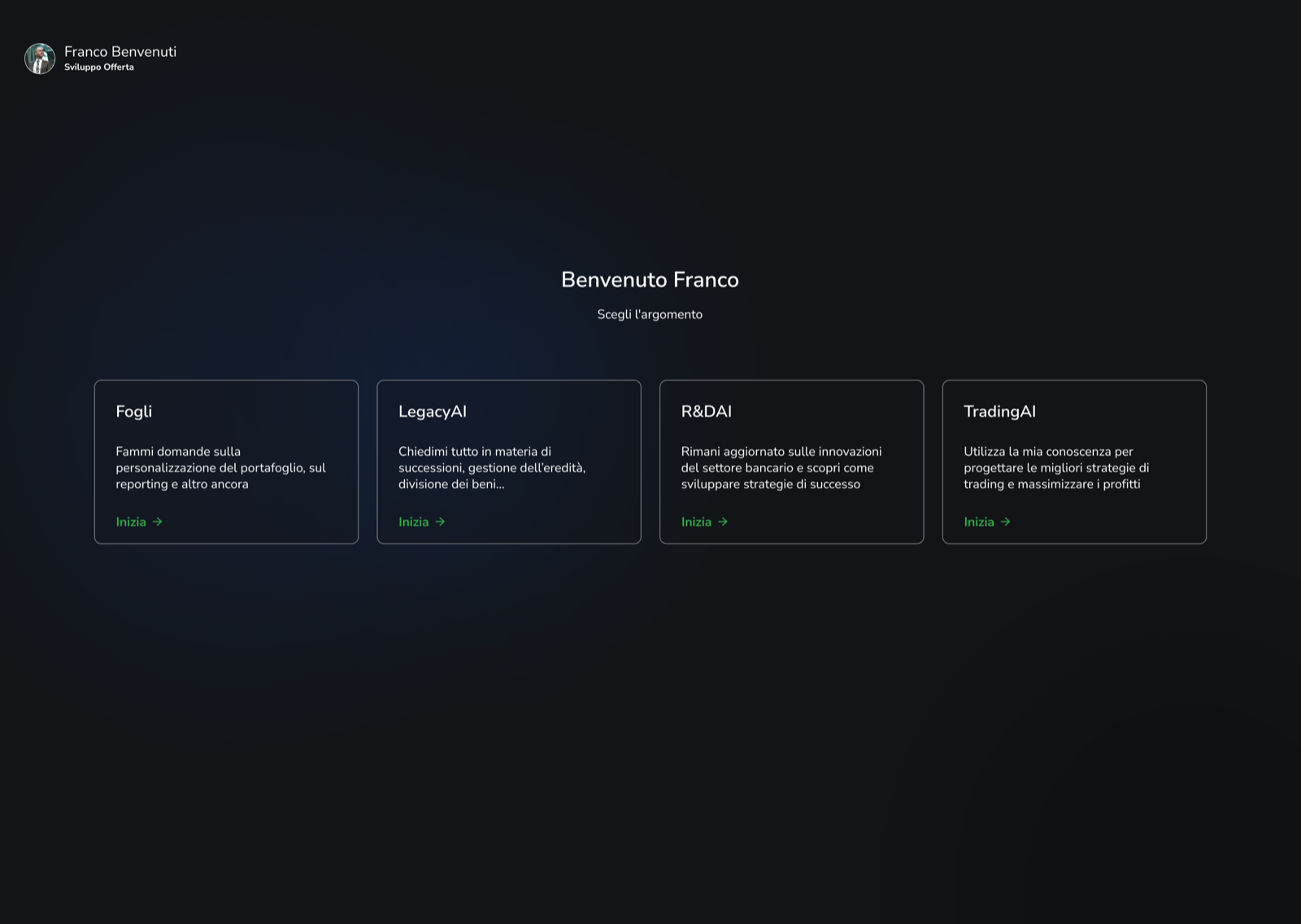 Welcome screen asking the user to choose a topic, with cards for four assistants: Fogli, LegacyAI, R&DAI and TradingAI