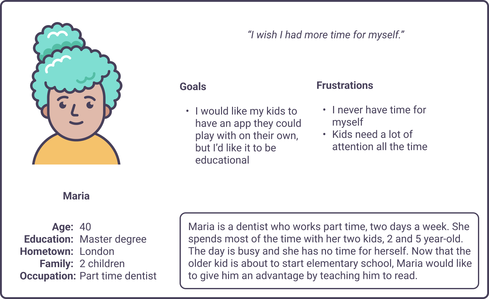 Persona sheet for Maria, a mum of two
