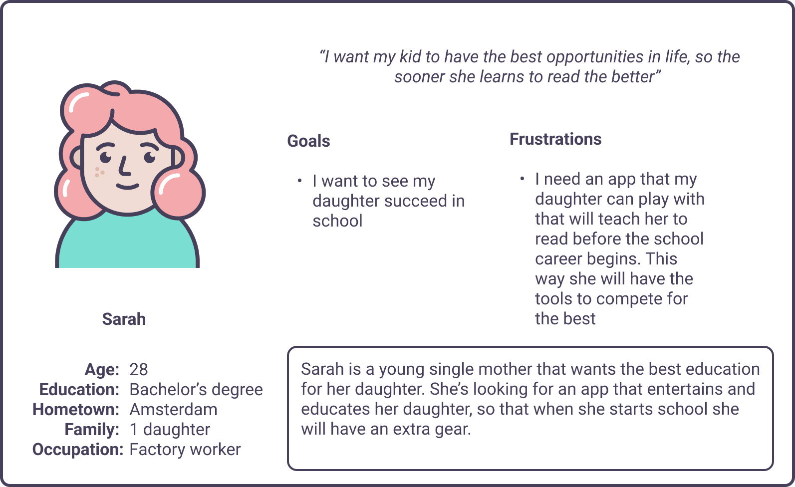 Persona sheet for Sarah, a single mum