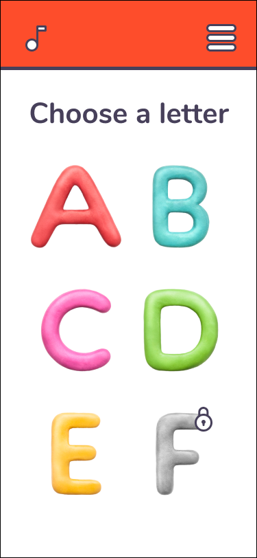 Choose a letter screen with colourful clay letters A to F, F locked