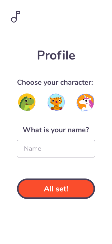 Profile screen to choose a character and enter a name