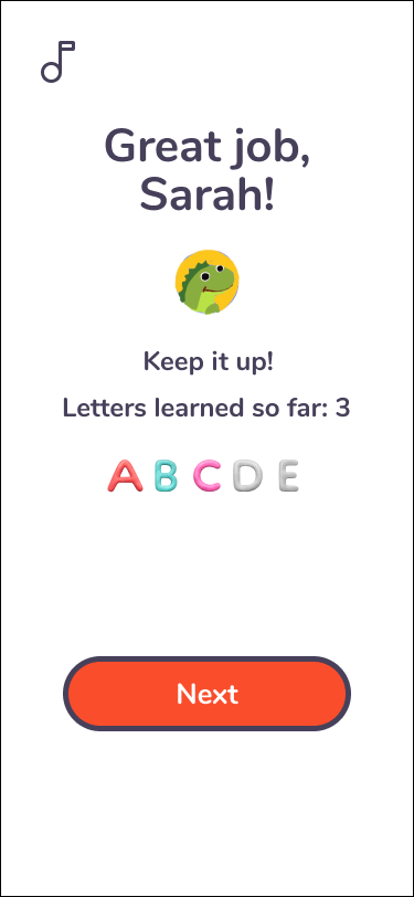 Great job, Sarah! screen showing 3 letters learned so far